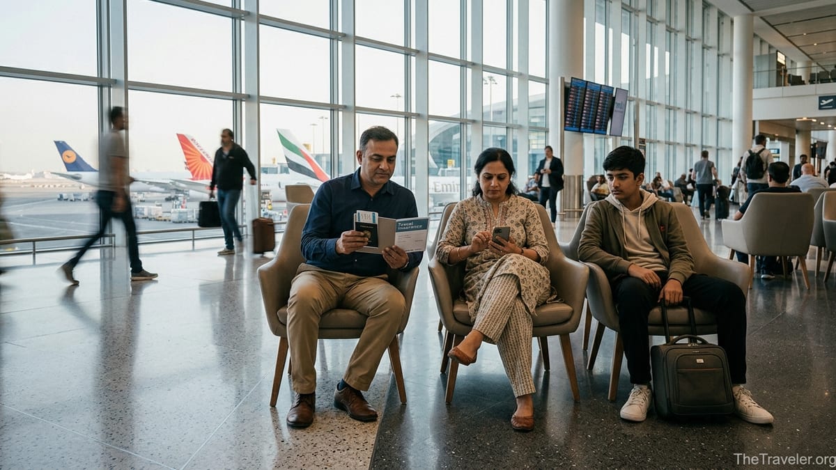 Indian family checking travel insurance documents in an international airport lounge