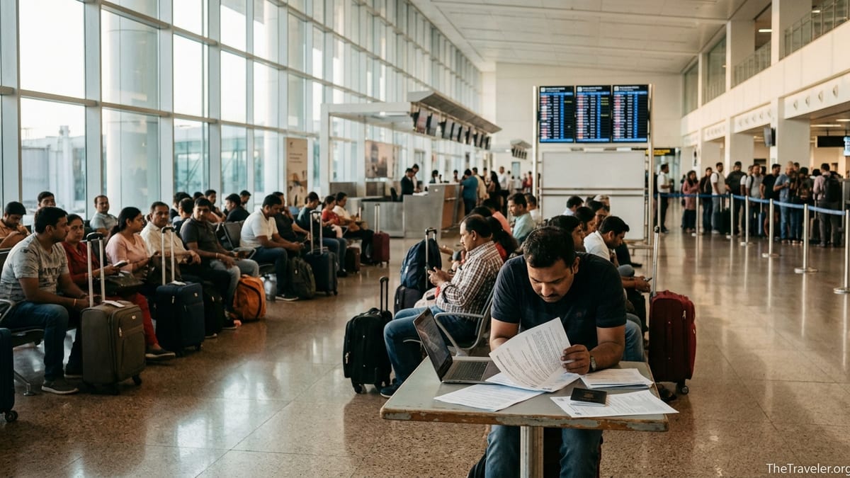 Travelers at an airport reviewing printed travel insurance papers beside their luggage.