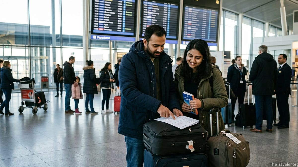 Indian travellers reviewing travel insurance papers at an international airport check in area.
