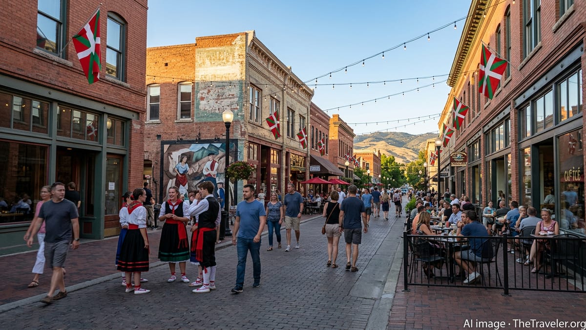 Evening crowd on Boise’s Basque Block with flags, historic brick buildings, and outdoor dining in summer light.