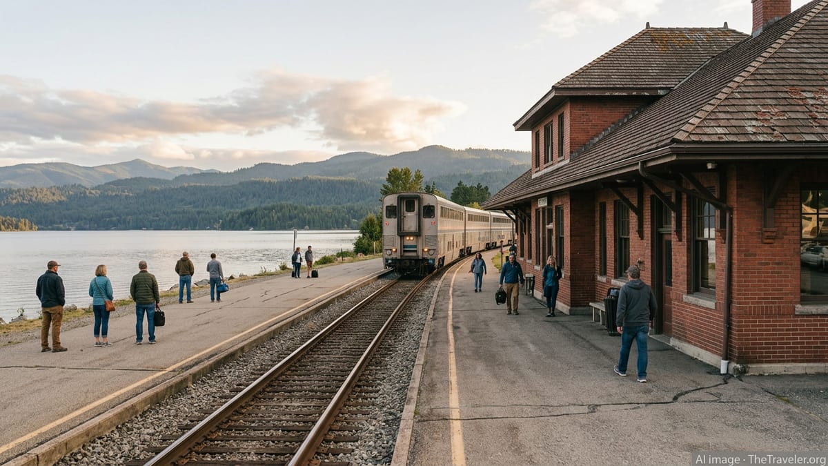 Amtrak Empire Builder at the historic Sandpoint Idaho station beside Lake Pend Oreille at sunset.