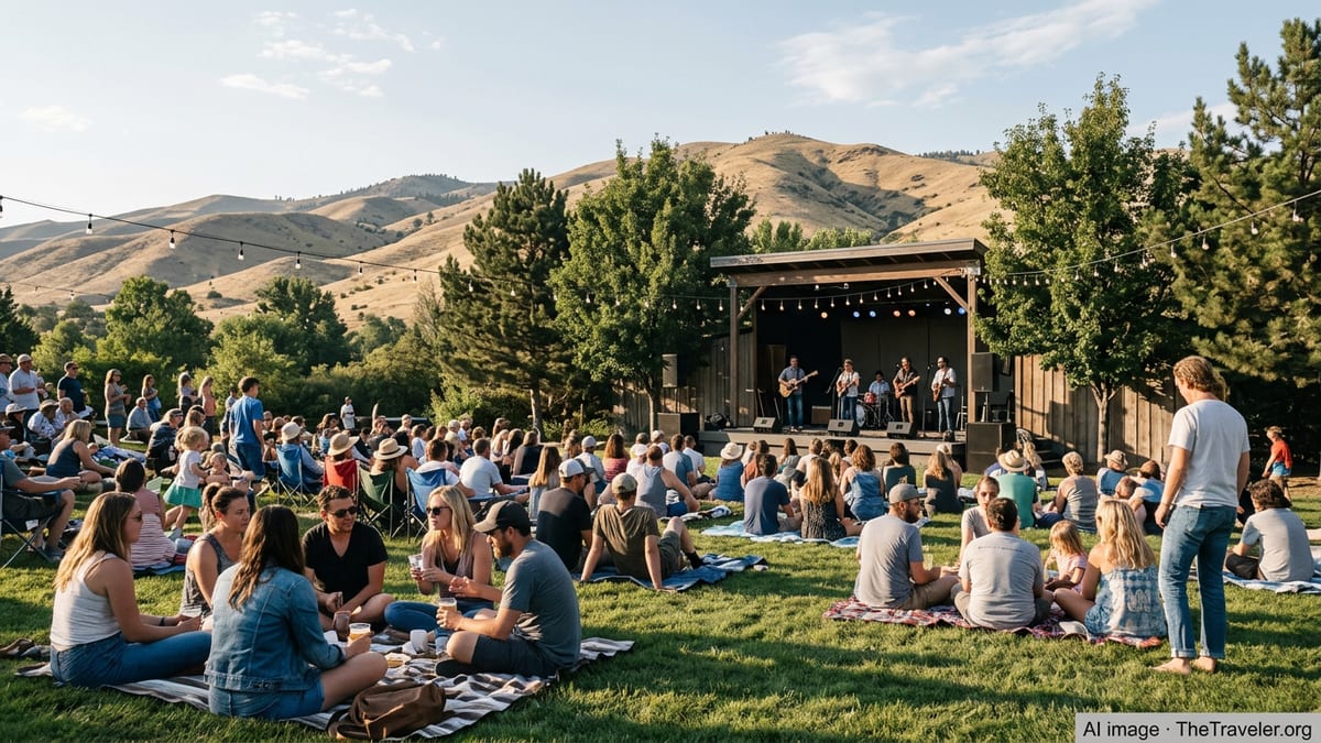 Crowd relaxing on a grassy hillside at an outdoor summer festival near the Boise foothills.