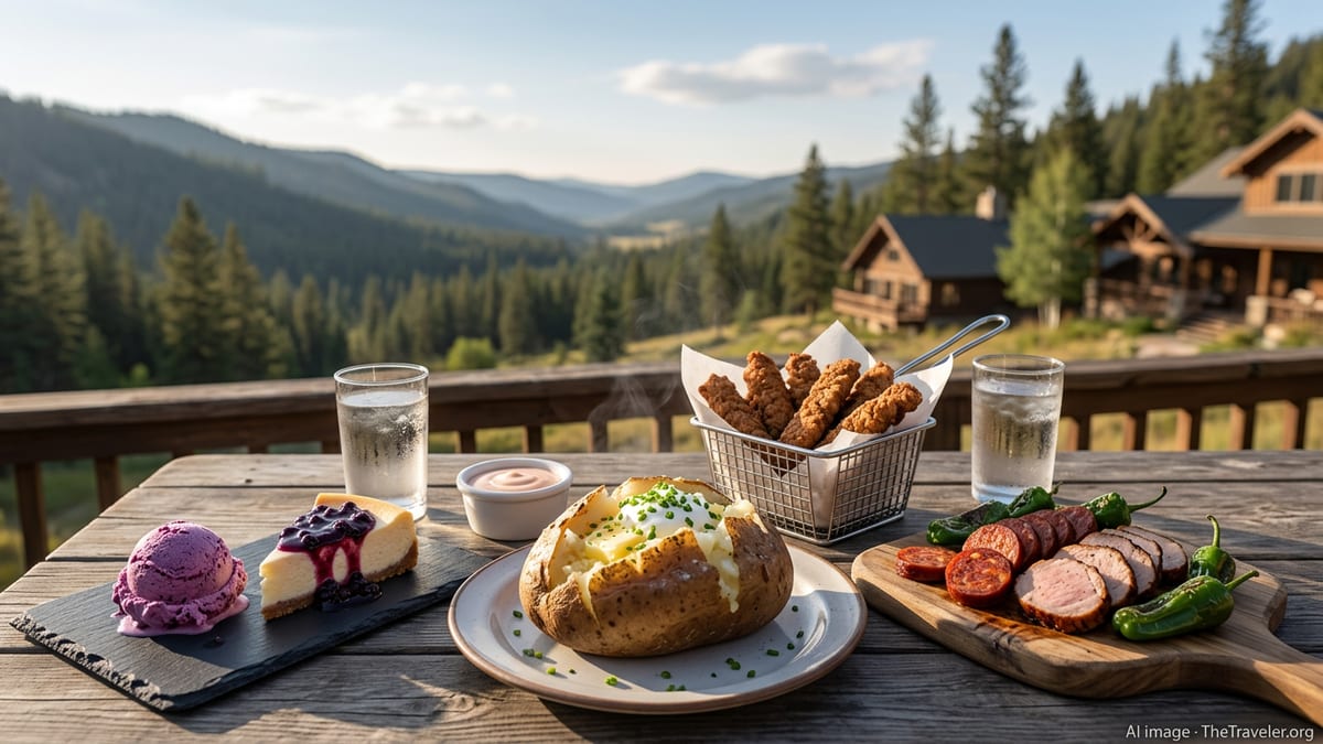 Idaho table with baked potato, finger steaks, Basque chorizo and huckleberry desserts on a deck overlooking pine coveredmount