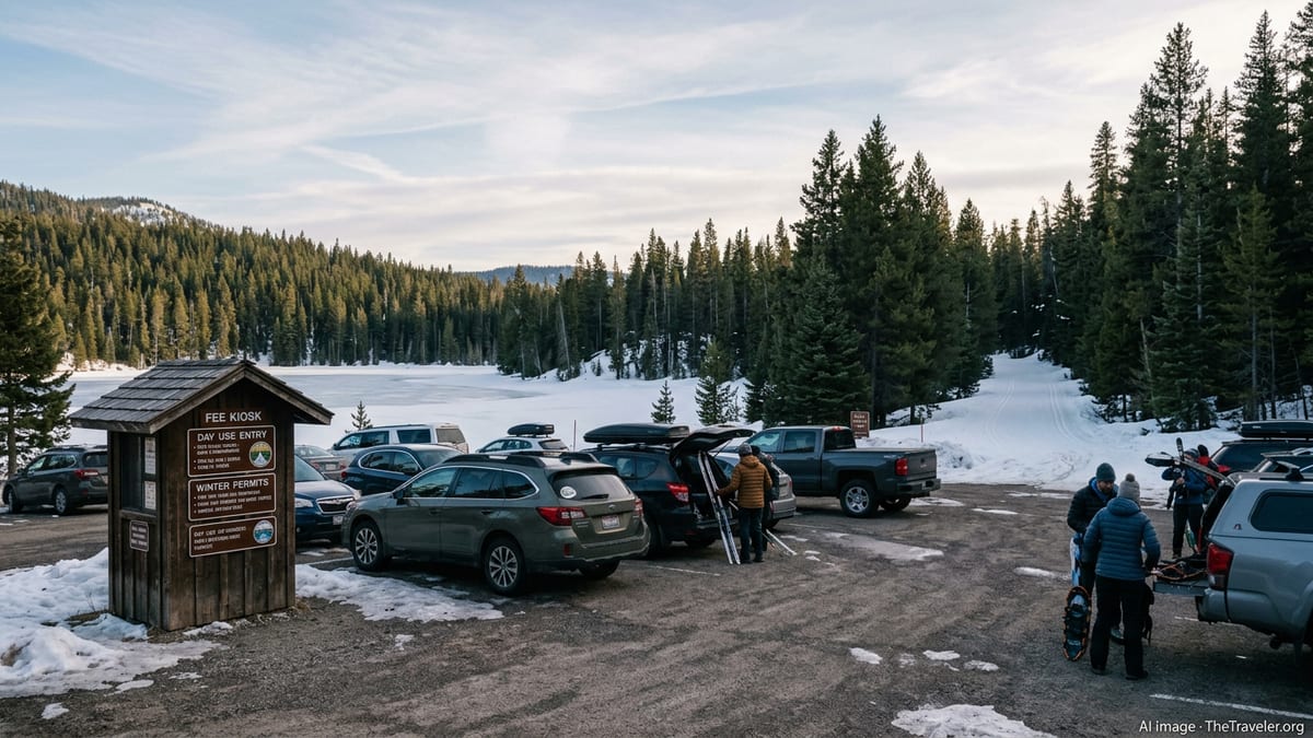 Trailhead parking area at an Idaho state park with cars, fee kiosk, and winter trail access.