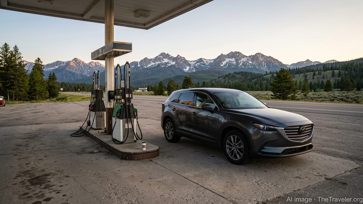 SUV fueling at small Idaho gas station at sunset with mountains in background