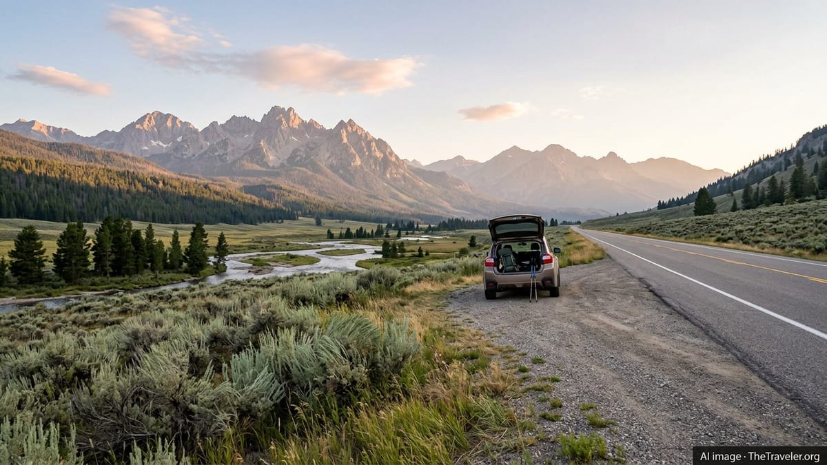Curving Idaho highway near Stanley at sunset with car and Sawtooth Mountains in the distance.