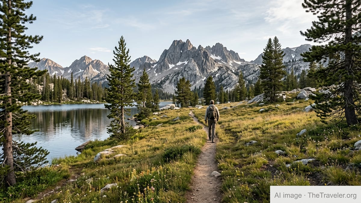 Hiker on a mountain trail in Idaho’s Sawtooths under clear sky near an alpine lake.