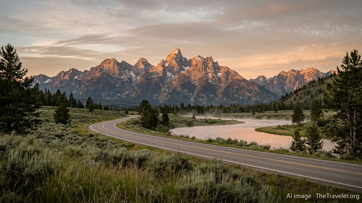 Curving highway above the Salmon River with Idaho’s Sawtooth Mountains at sunset.