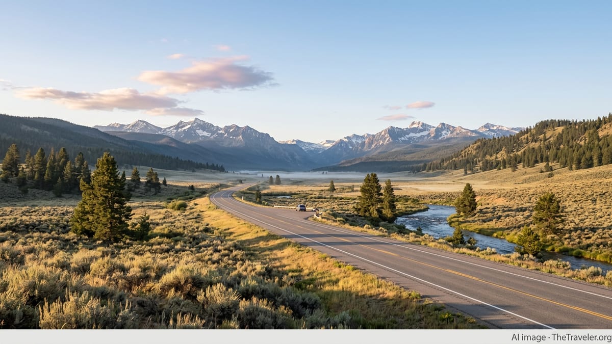Sunrise over an Idaho mountain valley with a highway curving toward distant peaks.