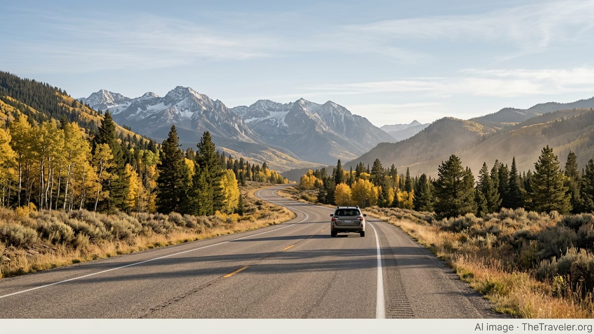Curving mountain highway in Idaho with autumn trees and snow-dusted peaks under a clear sky.