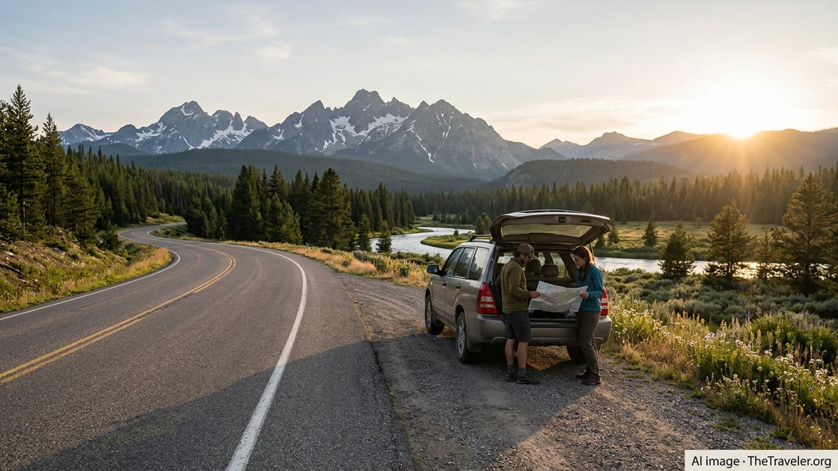 Two travelers by an SUV on an Idaho highway with Sawtooth Mountains in the background.