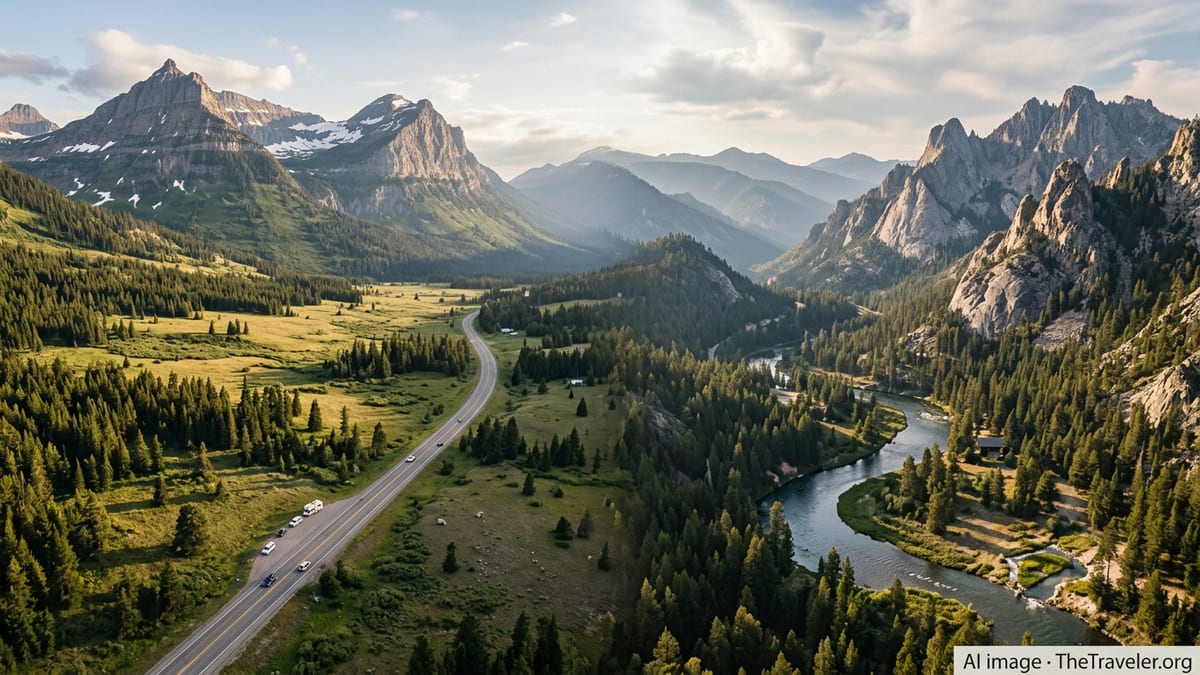 Aerial view of Idaho and Montana style mountain valleys, rivers, and highway at golden hour.