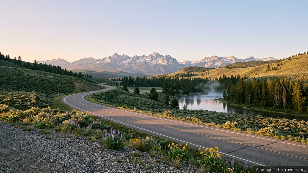 Sunrise over Idaho’s Sawtooth Mountains with a winding road and river valley.
