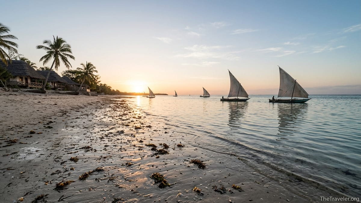Sunrise over the lagoon at Mangily near Ifaty with Vezo pirogues sailing across calm turquoise water.