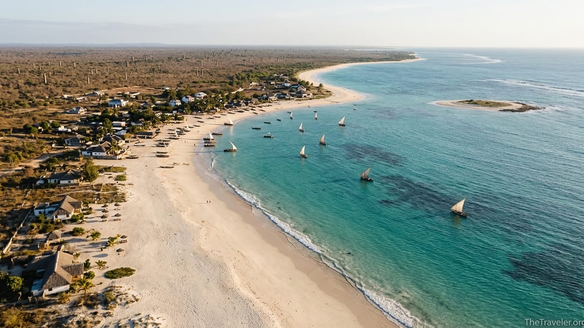 Aerial view of Ifaty and Anakao coastlines with lagoon, reef and beaches in southwest Madagascar.