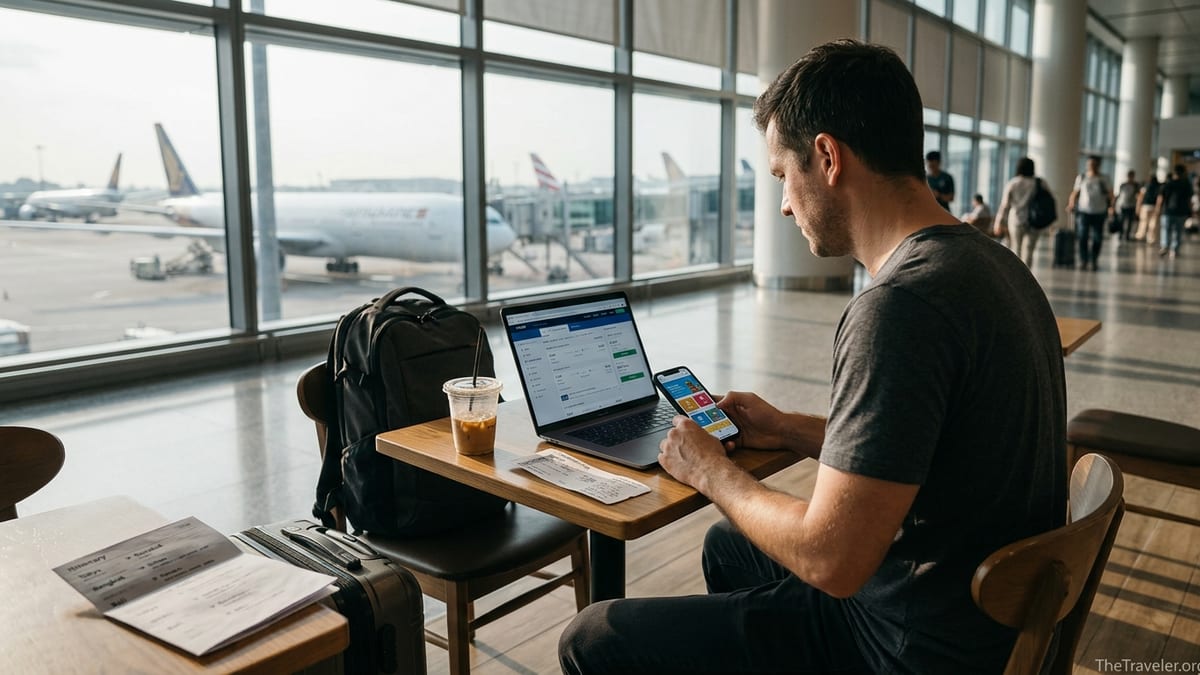 Traveler comparing Asia flight and hotel prices on phone and laptop at an airport café.