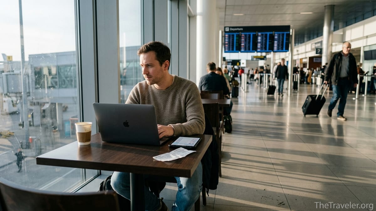 Traveler comparing flight prices on a laptop and phone in a busy airport terminal.