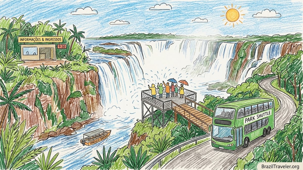 Panoramic view of Iguazu Falls from the Brazilian side with walkway and mist