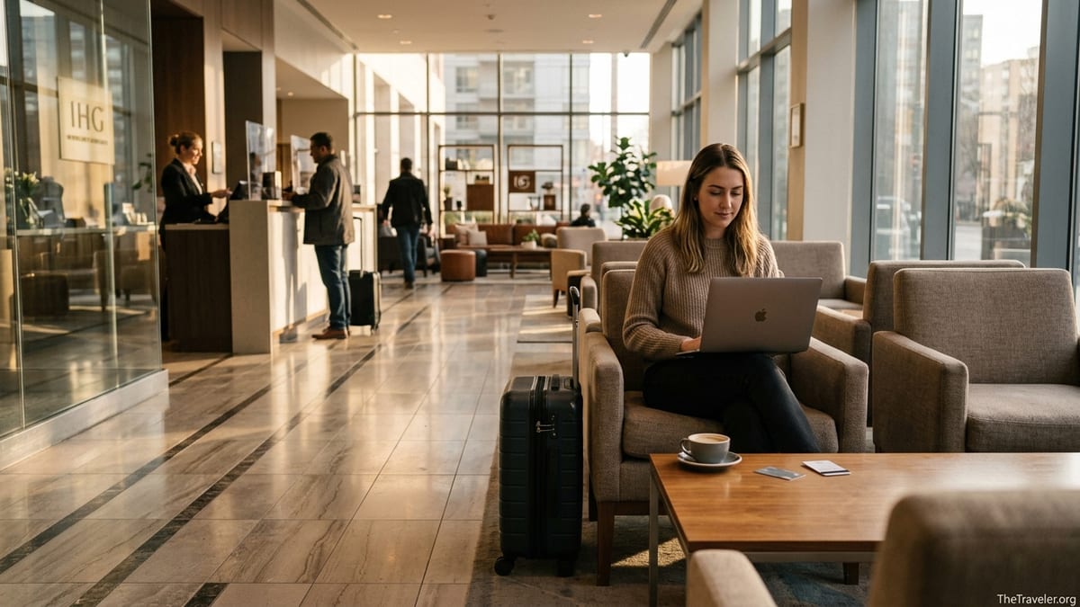 Traveler with suitcase and laptop in a bright modern hotel lobby holding a credit card.