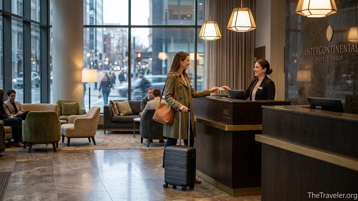 Traveler checking into a modern city hotel lobby with luggage and credit card in hand.