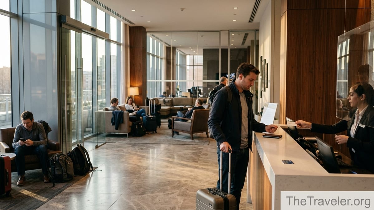 Traveler checking into a modern IHG hotel lobby with luggage at reception desk.