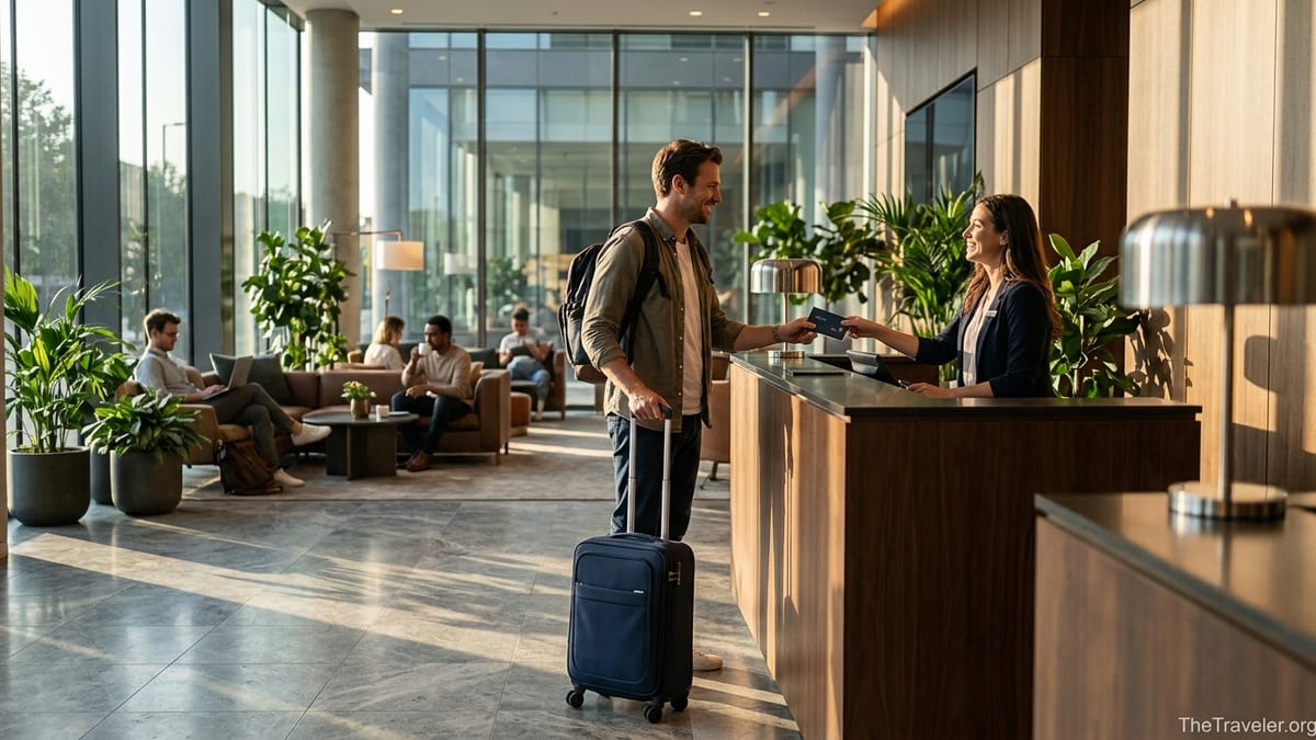 Traveler checking into a modern hotel lobby using a credit card at the front desk