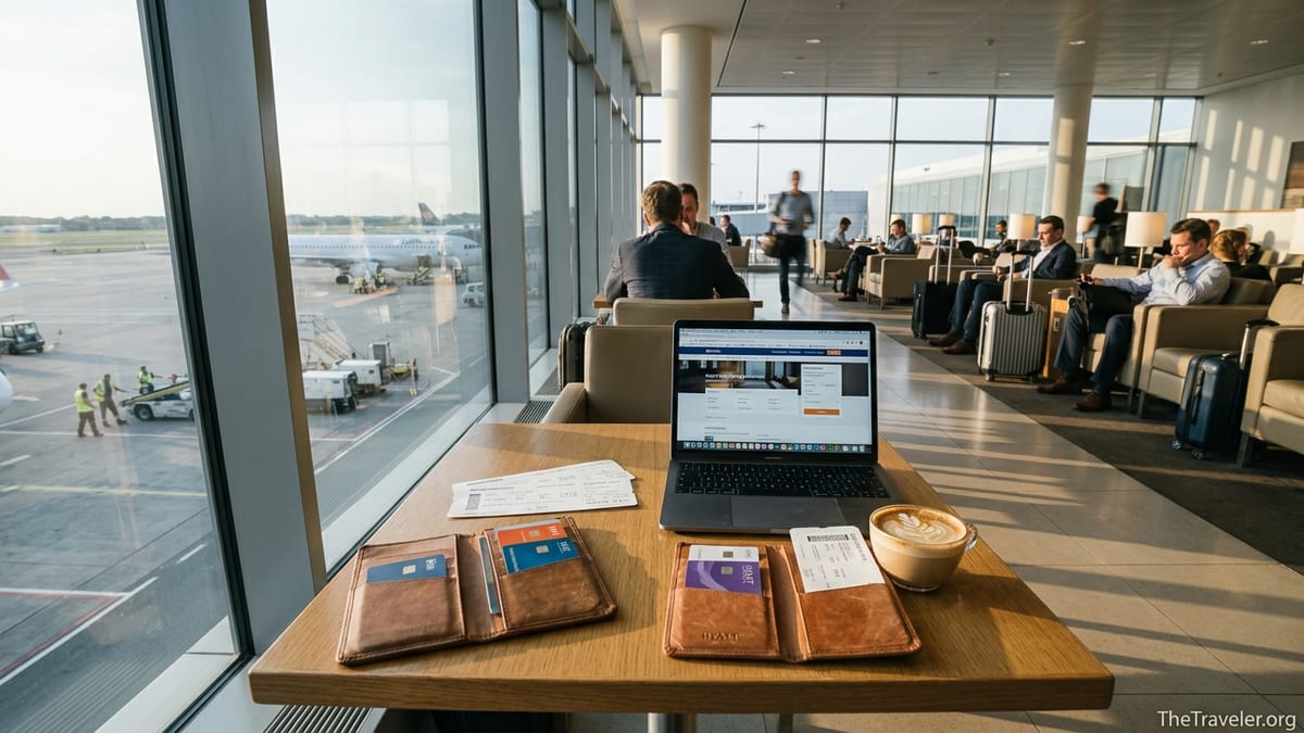 Two travelers compare hotel credit cards at a bright airport lounge table.