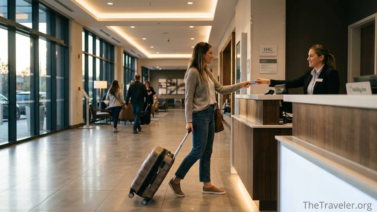 Traveler checking into a modern Holiday Inn lobby while paying with a credit card.
