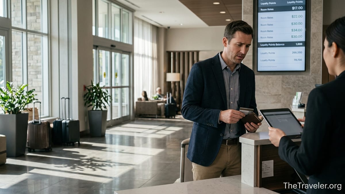 Traveler at a modern hotel front desk looking confused about a credit card rewards stay.