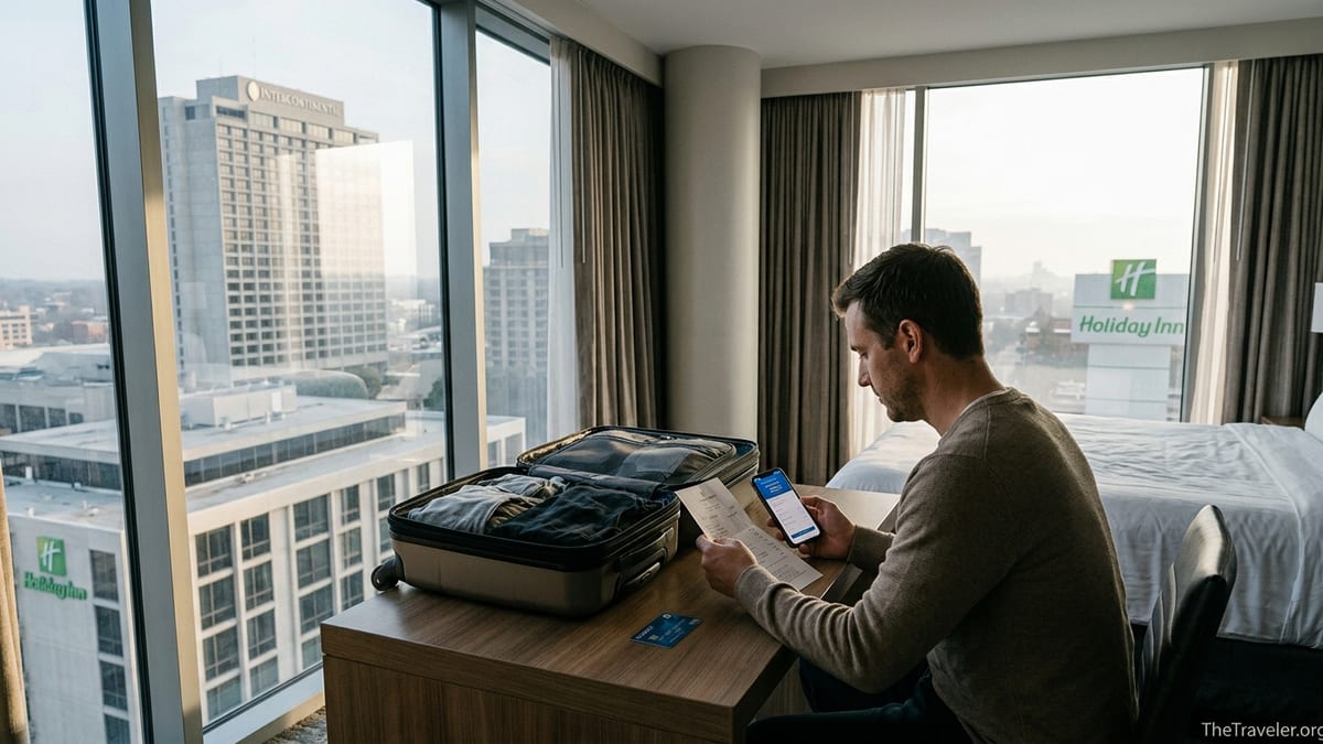 Traveler reviewing hotel bill and credit card points in a modern IHG hotel room overlooking city skyline.