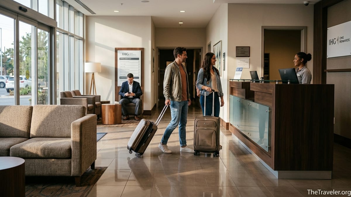 Travelers with suitcases check in at a bright Holiday Inn Express lobby reception desk.