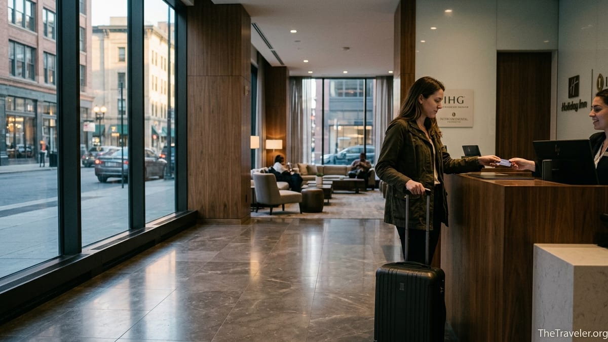 Traveler checking in at an IHG hotel front desk, credit card in hand.