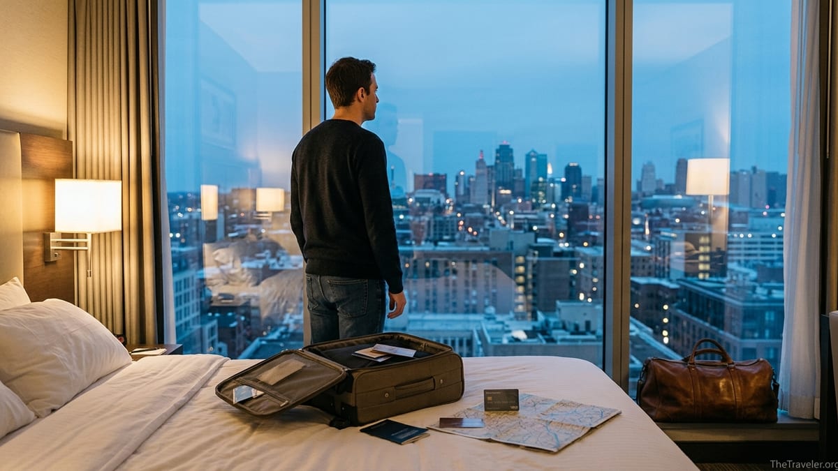 Traveler in a hotel room at dusk looking over a city skyline, credit card by suitcase.