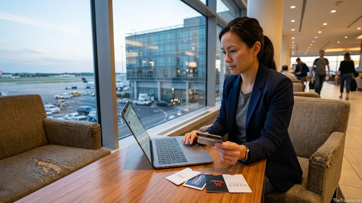 Traveler in an airport lounge comparing hotel rewards credit cards near runway view.