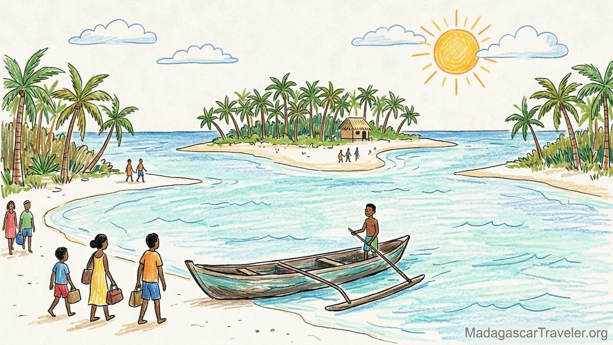 Travelers arriving by pirogue on the sandy, palm-lined shore of car-free Île aux Nattes at sunset.