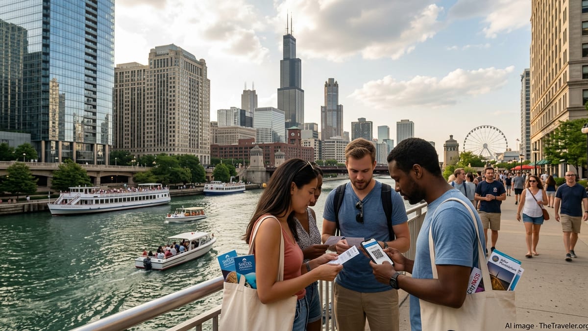 Travelers compare Chicago attraction passes along the riverwalk with the skyline in late afternoon light.