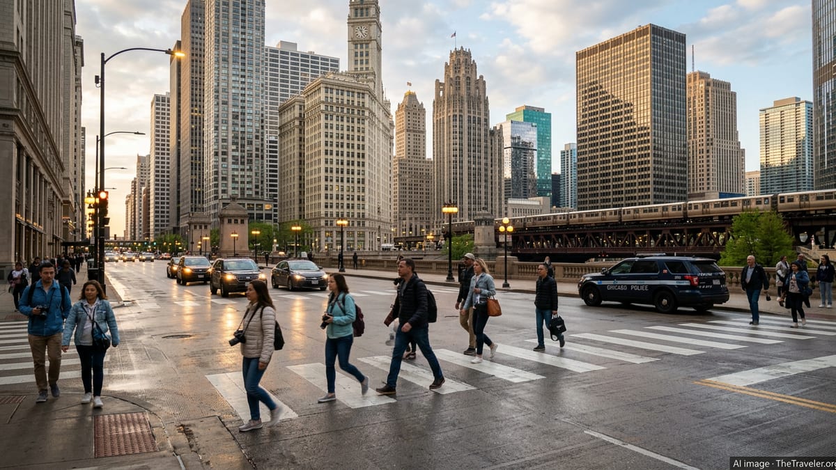 Early evening street scene in downtown Chicago with pedestrians, wet pavement and city buildings under soft golden light.