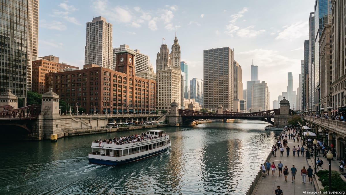 Chicago River skyline with historic and modern towers and an architecture tour boat