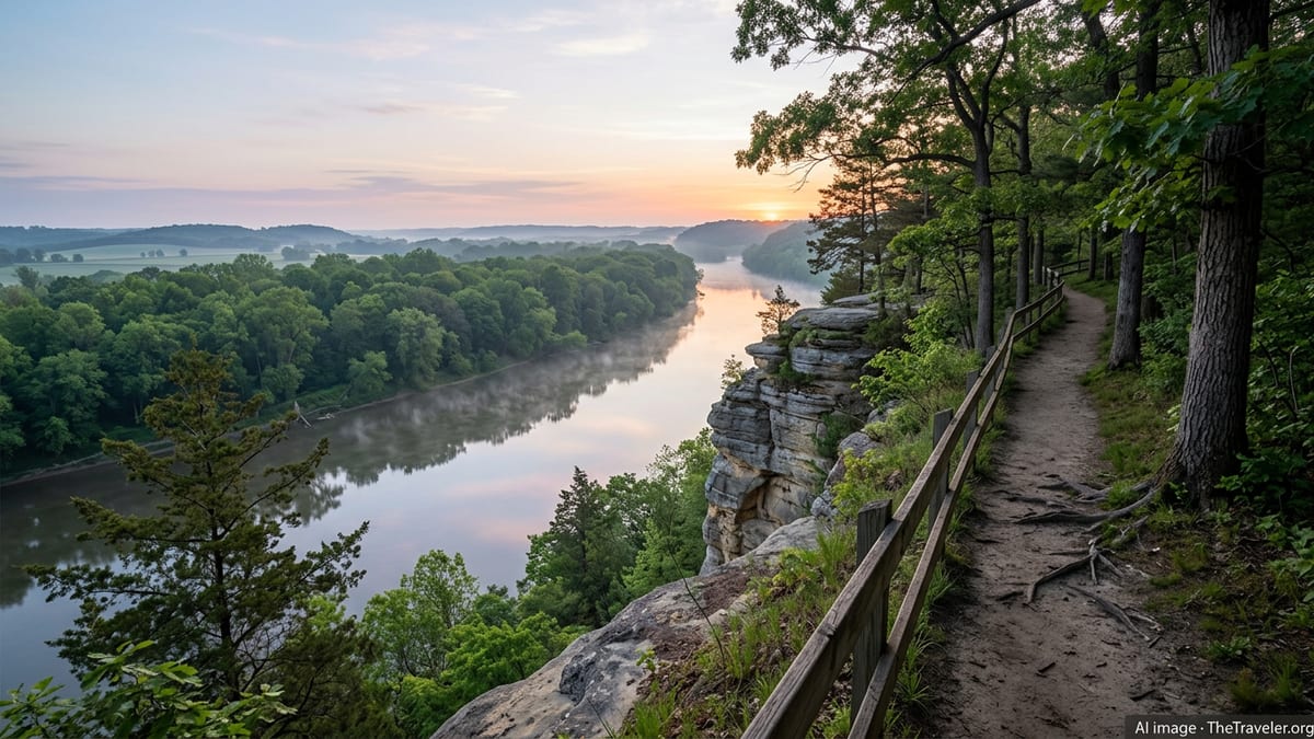 Sunrise view over forested bluffs and the Illinois River near Starved Rock State Park.
