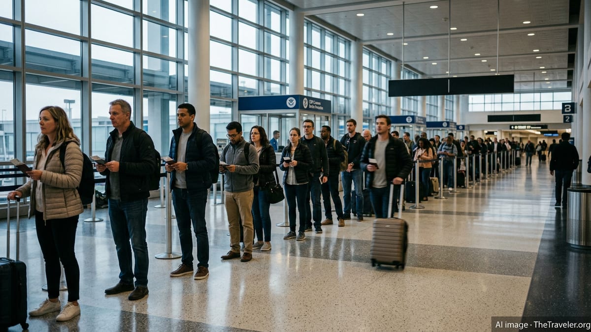 Travelers in passport control lines at Chicago O’Hare International Airport arrivals.