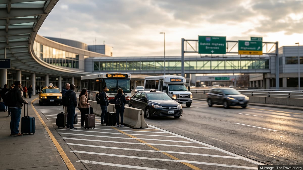Travelers at O Hare Airport ground transportation curb boarding bus, taxi and shuttle at sunset.
