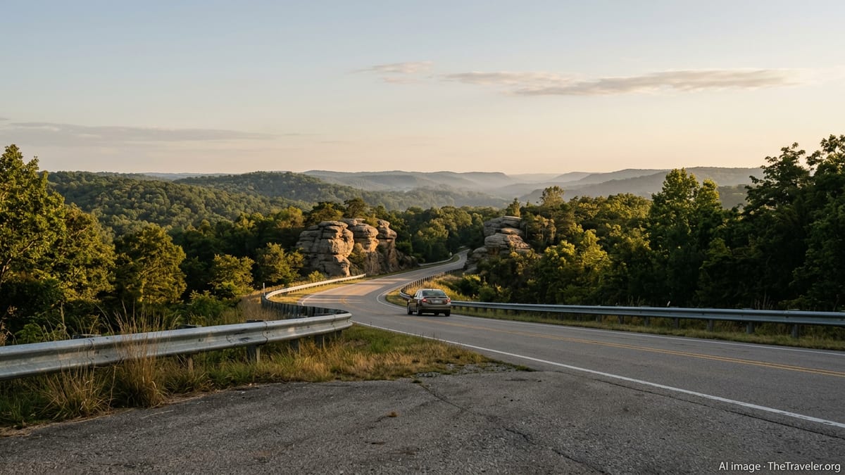 Curving two-lane highway through forested sandstone hills in southern Illinois at golden hour.