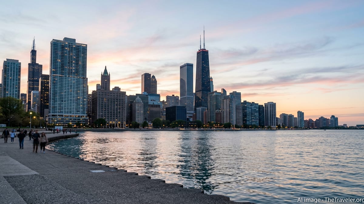 Chicago skyline at dusk viewed from Lake Michigan with lights reflecting on the water.