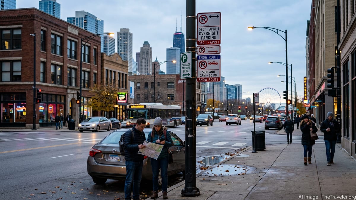 Travelers study winter parking signs beside a parked car on a Chicago street at dusk.