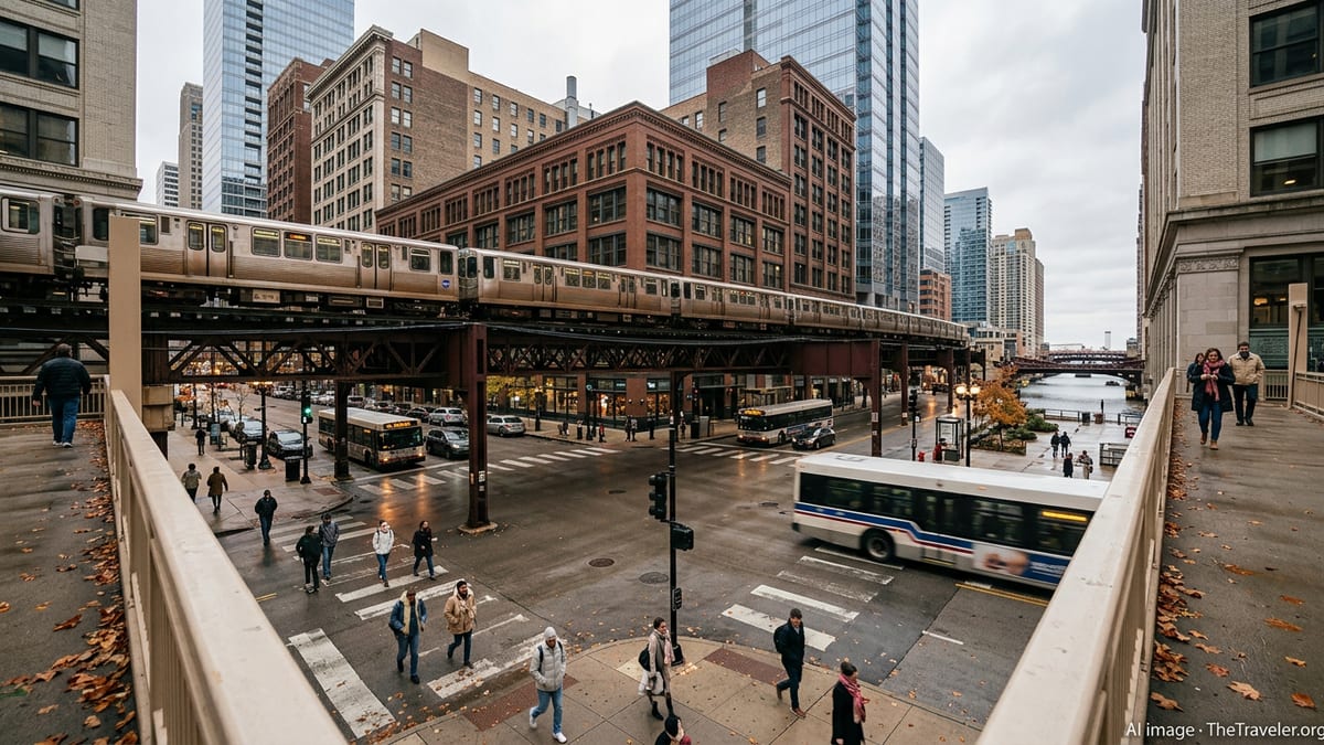 Chicago L train passing above a busy downtown street on a cool, overcast day.