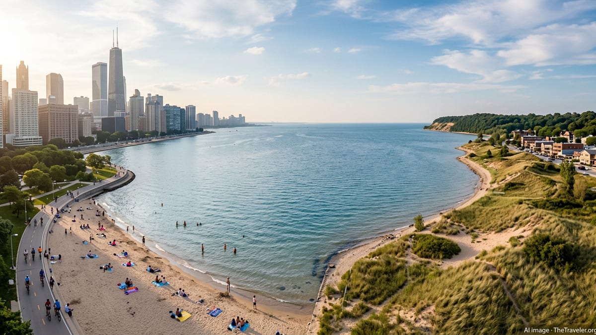 Lake Michigan shoreline blending Chicago skyline beach with distant dunes and small-town coast on a clear summer afternoon.