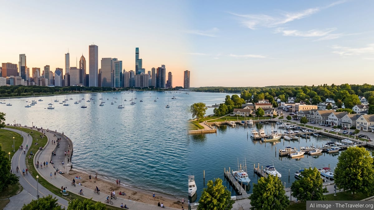 Split-view lakefront scene contrasting Chicago skyline with a quiet Wisconsin harbor town at golden hour.
