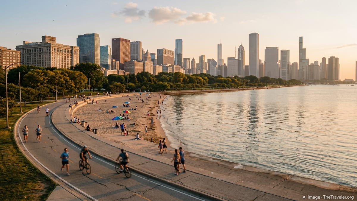 Chicago lakefront trail at golden hour with skyline, beach and people enjoying the waterfront.