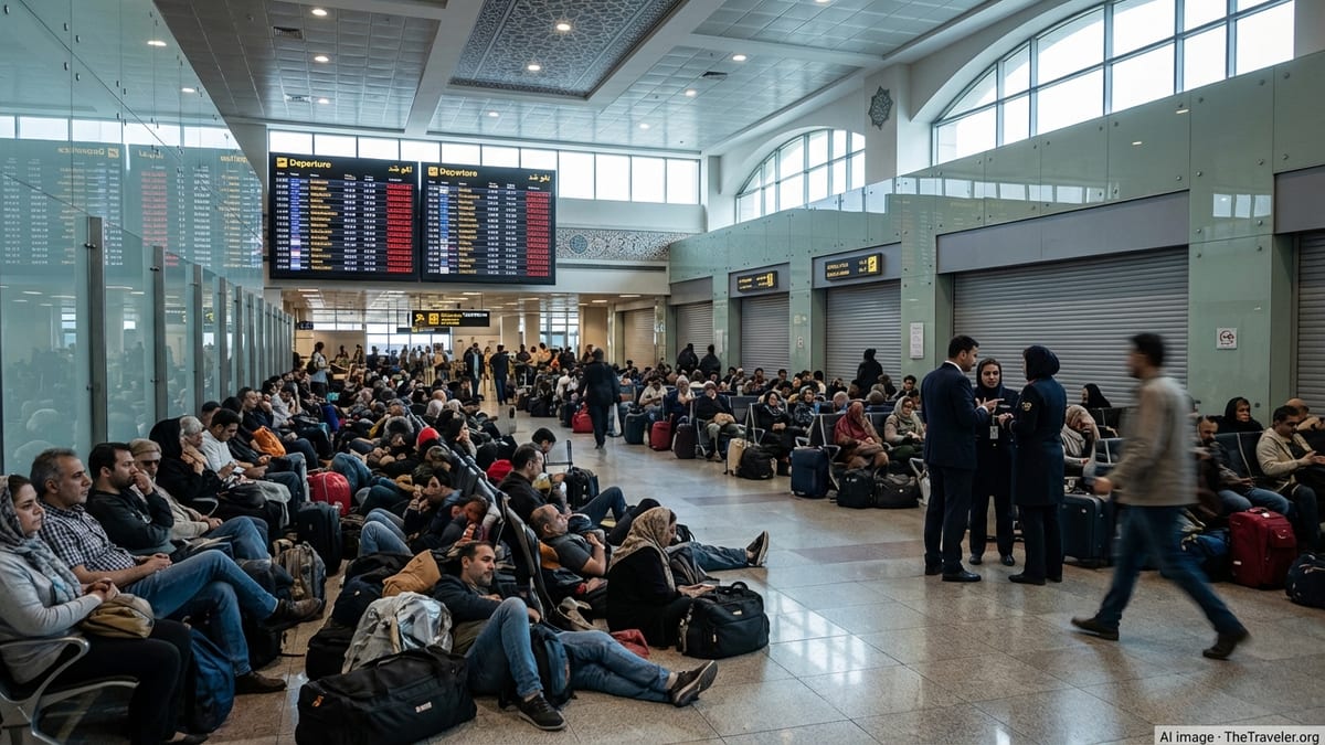 Stranded passengers crowd the terminal at Tehran’s Imam Khomeini International Airport as departure boards show multiple canc