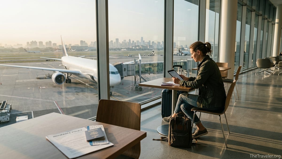 Digital nomad reviewing travel insurance documents in an airport lounge at sunset with a plane outside the window.